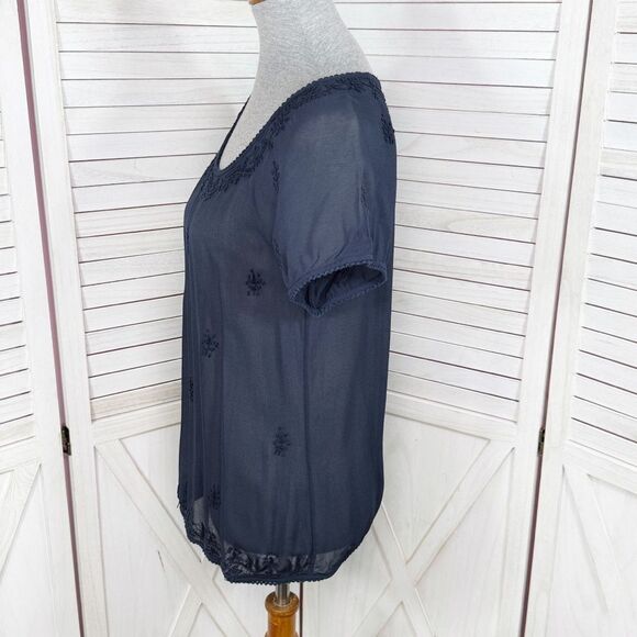 Lucky Brand Embroidered Sheer Chiffon Tee Shirt Navy Blue XS - Picture 2 of 11